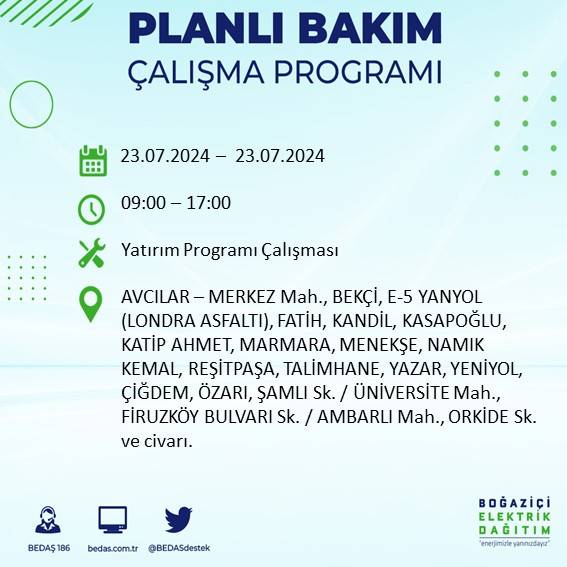 BEDAŞ açıkladı: İstanbul'da 23 Temmuz'da elektrik kesintisi yaşanacak ilçeler 3