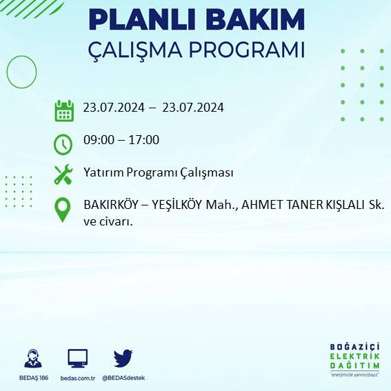 BEDAŞ açıkladı: İstanbul'da 23 Temmuz'da elektrik kesintisi yaşanacak ilçeler 8