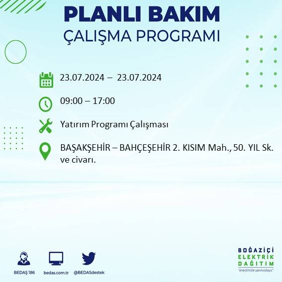 BEDAŞ açıkladı: İstanbul'da 23 Temmuz'da elektrik kesintisi yaşanacak ilçeler 11