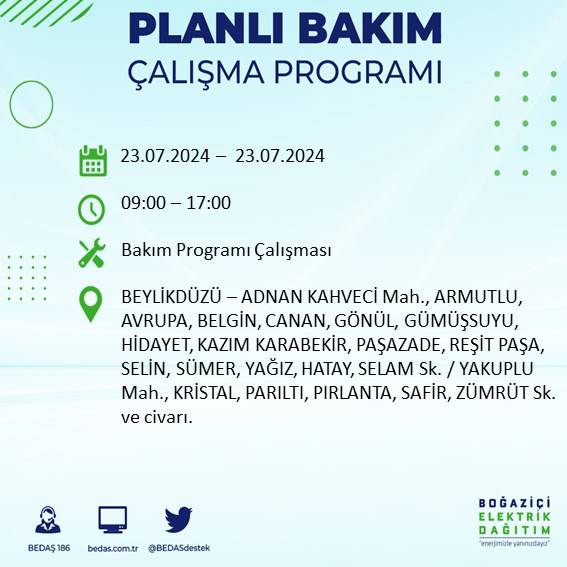 BEDAŞ açıkladı: İstanbul'da 23 Temmuz'da elektrik kesintisi yaşanacak ilçeler 12