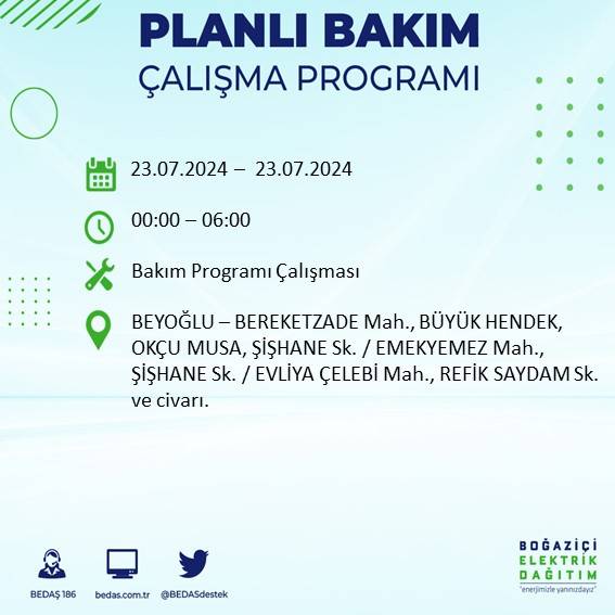 BEDAŞ açıkladı: İstanbul'da 23 Temmuz'da elektrik kesintisi yaşanacak ilçeler 18