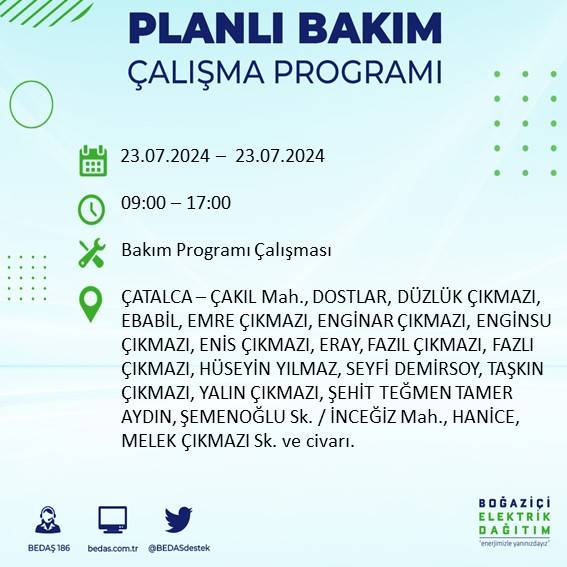 BEDAŞ açıkladı: İstanbul'da 23 Temmuz'da elektrik kesintisi yaşanacak ilçeler 20