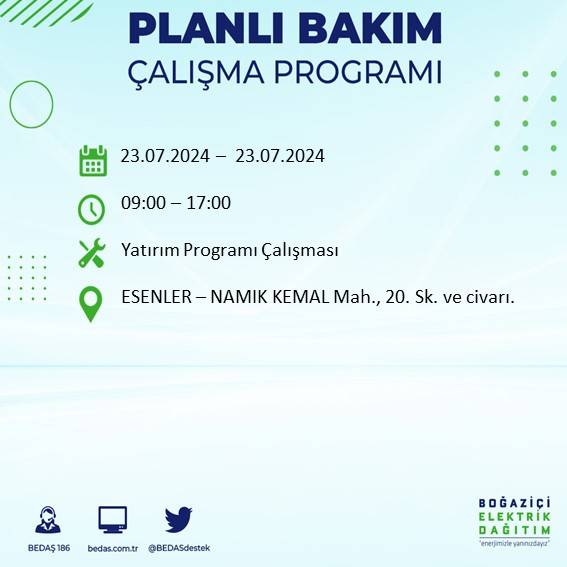 BEDAŞ açıkladı: İstanbul'da 23 Temmuz'da elektrik kesintisi yaşanacak ilçeler 22