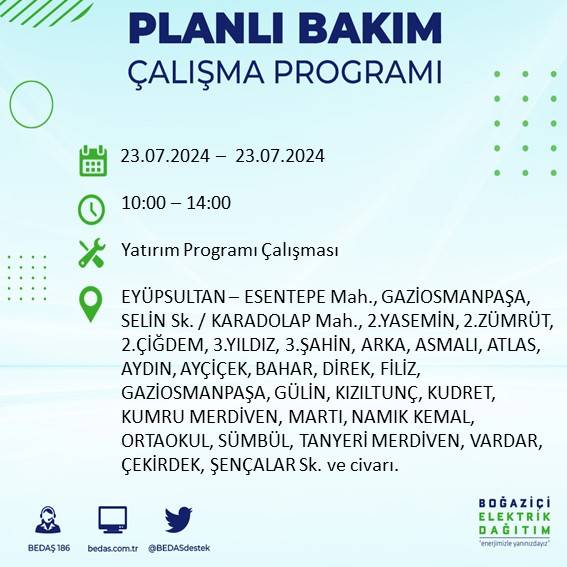 BEDAŞ açıkladı: İstanbul'da 23 Temmuz'da elektrik kesintisi yaşanacak ilçeler 25