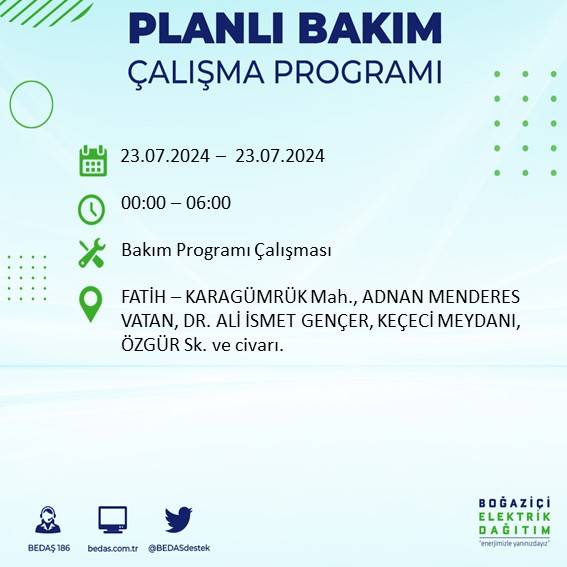 BEDAŞ açıkladı: İstanbul'da 23 Temmuz'da elektrik kesintisi yaşanacak ilçeler 28