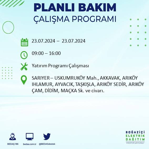 BEDAŞ açıkladı: İstanbul'da 23 Temmuz'da elektrik kesintisi yaşanacak ilçeler 36