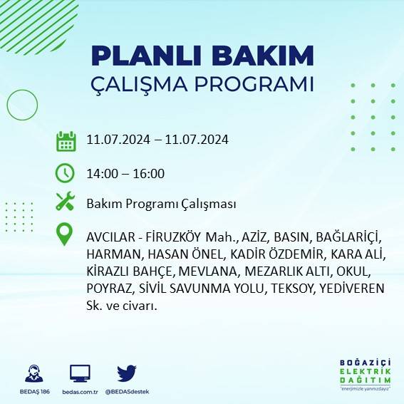 BEDAŞ açıkladı: İstanbul'da 11 Temmuz 2024'te elektrik kesintisi yaşanacak ilçeler 4