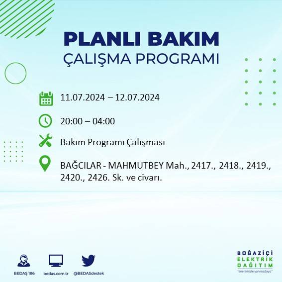 BEDAŞ açıkladı: İstanbul'da 11 Temmuz 2024'te elektrik kesintisi yaşanacak ilçeler 5