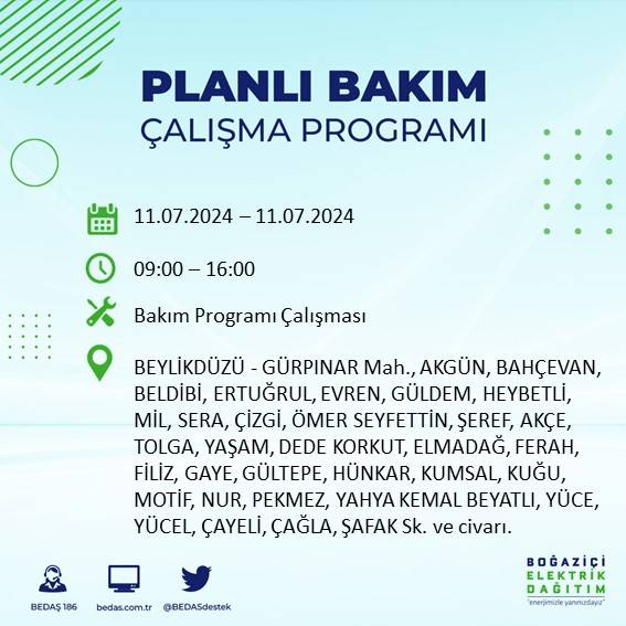 BEDAŞ açıkladı: İstanbul'da 11 Temmuz 2024'te elektrik kesintisi yaşanacak ilçeler 9