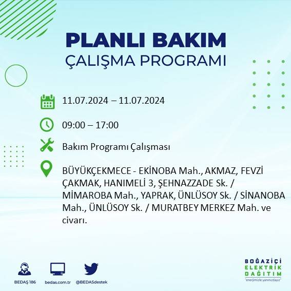 BEDAŞ açıkladı: İstanbul'da 11 Temmuz 2024'te elektrik kesintisi yaşanacak ilçeler 13