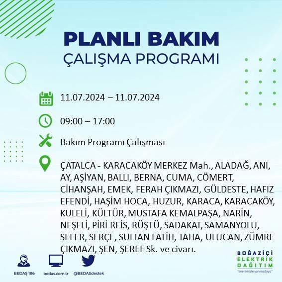 BEDAŞ açıkladı: İstanbul'da 11 Temmuz 2024'te elektrik kesintisi yaşanacak ilçeler 15