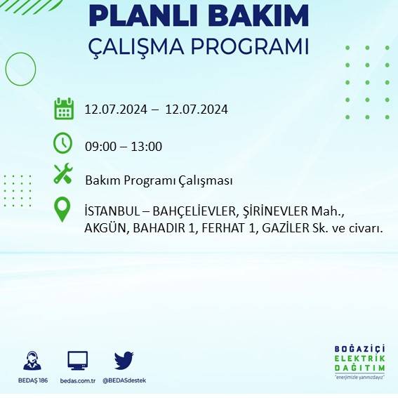 BEDAŞ açıkladı: İstanbul'da 12 Temmuz elektrik kesintisi yaşanacak ilçe ve mahalleler 4