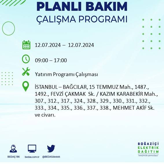 BEDAŞ açıkladı: İstanbul'da 12 Temmuz elektrik kesintisi yaşanacak ilçe ve mahalleler 3