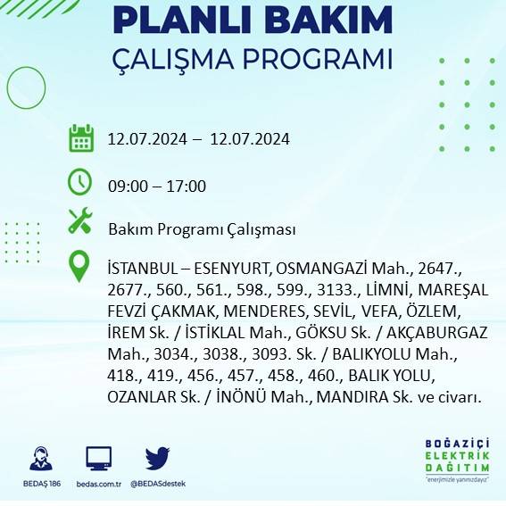 BEDAŞ açıkladı: İstanbul'da 12 Temmuz elektrik kesintisi yaşanacak ilçe ve mahalleler 19