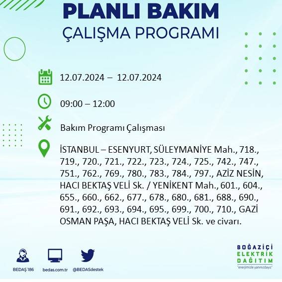 BEDAŞ açıkladı: İstanbul'da 12 Temmuz elektrik kesintisi yaşanacak ilçe ve mahalleler 17