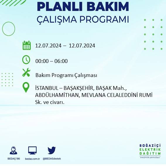 BEDAŞ açıkladı: İstanbul'da 12 Temmuz elektrik kesintisi yaşanacak ilçe ve mahalleler 6