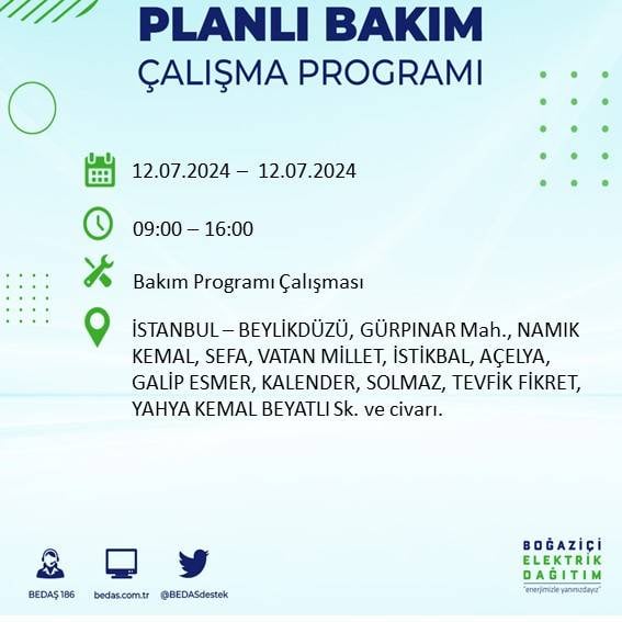 BEDAŞ açıkladı: İstanbul'da 12 Temmuz elektrik kesintisi yaşanacak ilçe ve mahalleler 9