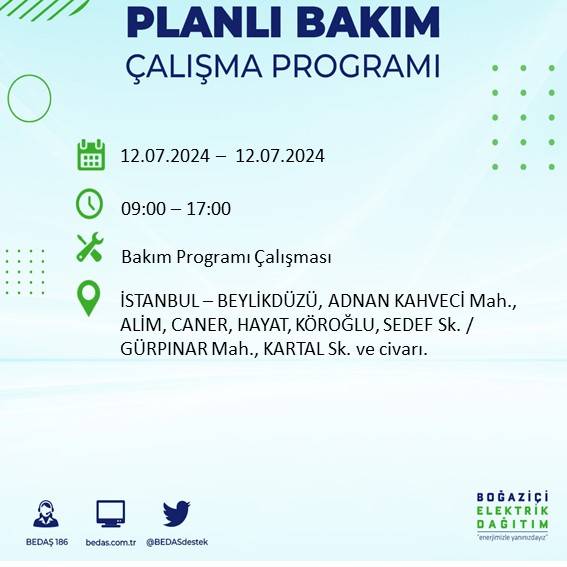 BEDAŞ açıkladı: İstanbul'da 12 Temmuz elektrik kesintisi yaşanacak ilçe ve mahalleler 8