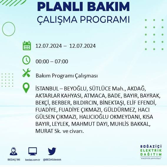 BEDAŞ açıkladı: İstanbul'da 12 Temmuz elektrik kesintisi yaşanacak ilçe ve mahalleler 12