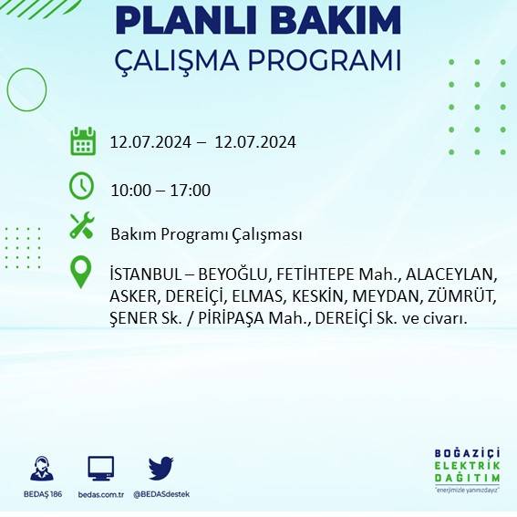 BEDAŞ açıkladı: İstanbul'da 12 Temmuz elektrik kesintisi yaşanacak ilçe ve mahalleler 11