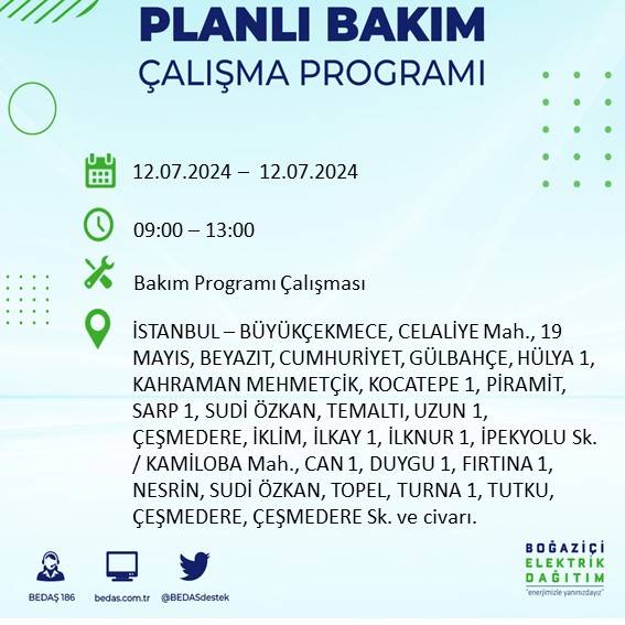 BEDAŞ açıkladı: İstanbul'da 12 Temmuz elektrik kesintisi yaşanacak ilçe ve mahalleler 15