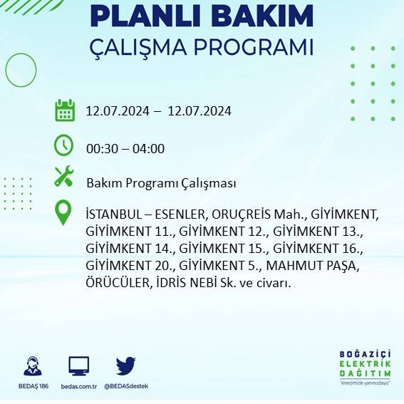 BEDAŞ açıkladı: İstanbul'da 12 Temmuz elektrik kesintisi yaşanacak ilçe ve mahalleler 16