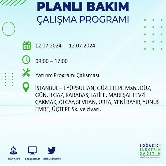 BEDAŞ açıkladı: İstanbul'da 12 Temmuz elektrik kesintisi yaşanacak ilçe ve mahalleler 20