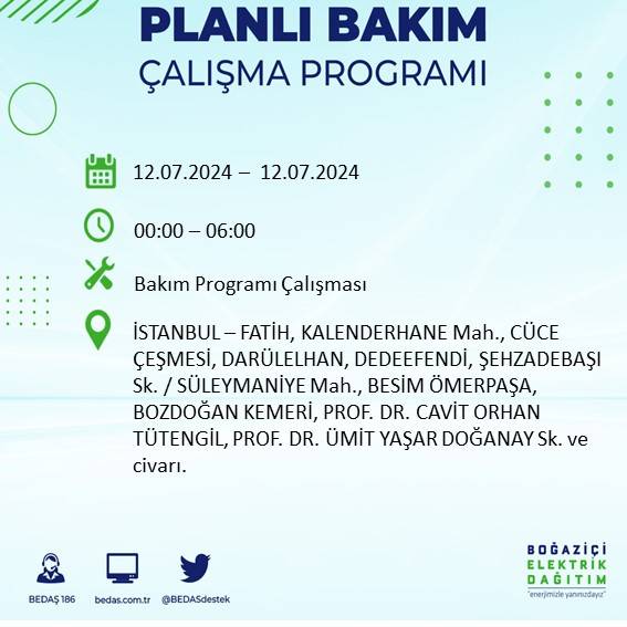 BEDAŞ açıkladı: İstanbul'da 12 Temmuz elektrik kesintisi yaşanacak ilçe ve mahalleler 24