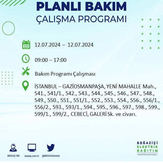 BEDAŞ açıkladı: İstanbul'da 12 Temmuz elektrik kesintisi yaşanacak ilçe ve mahalleler 26