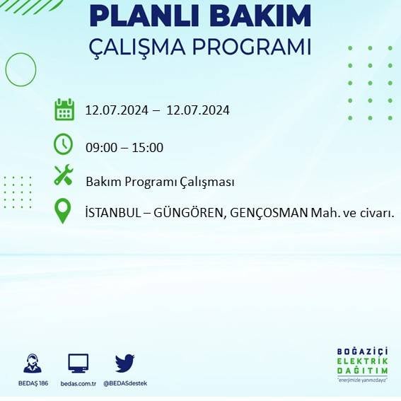 BEDAŞ açıkladı: İstanbul'da 12 Temmuz elektrik kesintisi yaşanacak ilçe ve mahalleler 27