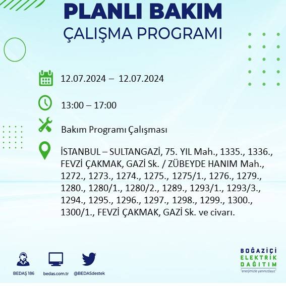 BEDAŞ açıkladı: İstanbul'da 12 Temmuz elektrik kesintisi yaşanacak ilçe ve mahalleler 31