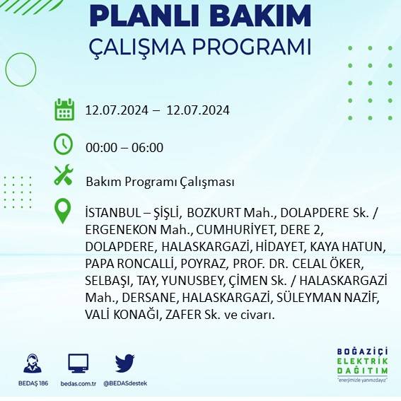 BEDAŞ açıkladı: İstanbul'da 12 Temmuz elektrik kesintisi yaşanacak ilçe ve mahalleler 36