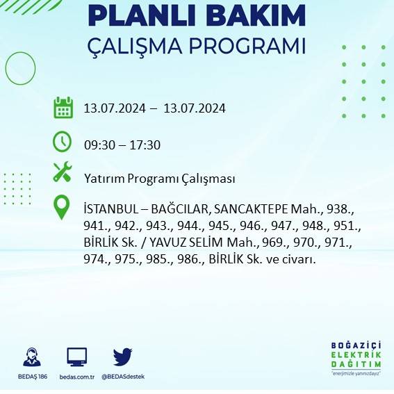 BEDAŞ paylaştı: İstanbul'da yarın elektrik kesintisi yaşanacak ilçeler 3