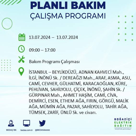 BEDAŞ paylaştı: İstanbul'da yarın elektrik kesintisi yaşanacak ilçeler 10