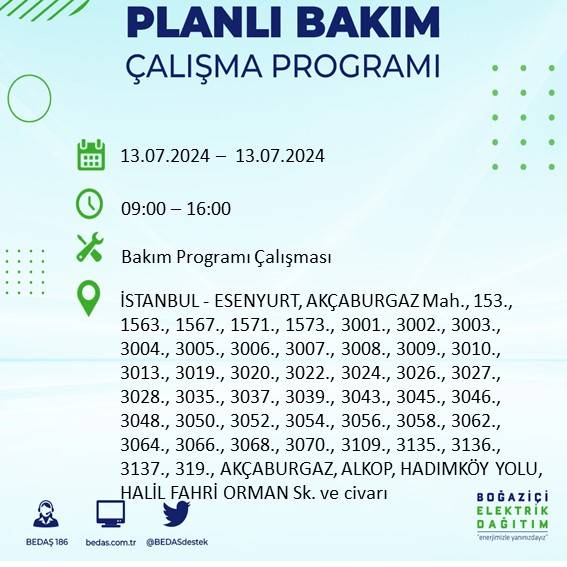 BEDAŞ paylaştı: İstanbul'da yarın elektrik kesintisi yaşanacak ilçeler 17