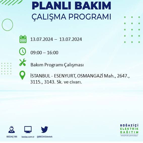 BEDAŞ paylaştı: İstanbul'da yarın elektrik kesintisi yaşanacak ilçeler 19