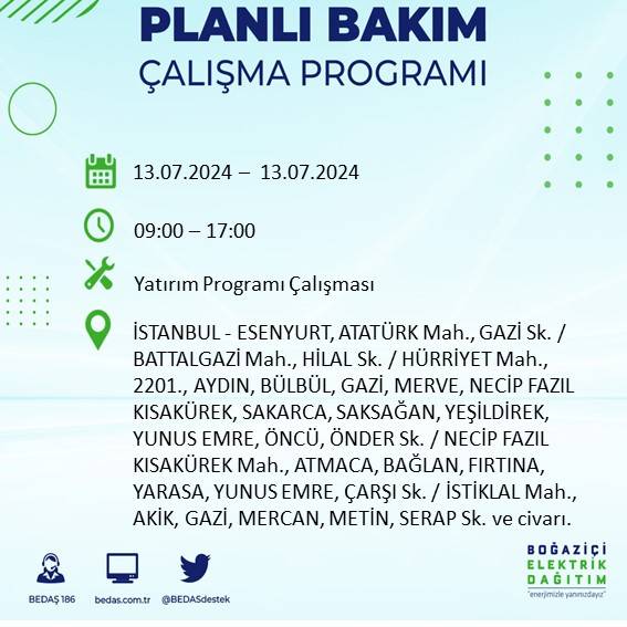 BEDAŞ paylaştı: İstanbul'da yarın elektrik kesintisi yaşanacak ilçeler 16