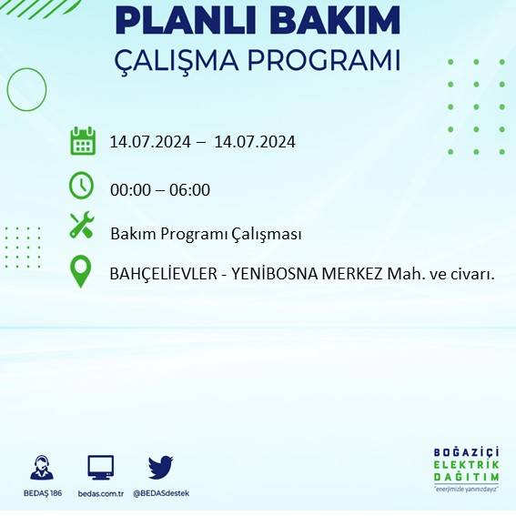 BEDAŞ paylaştı: İstanbul'da 14 Temmuz elektrik kesintisi yaşanacak ilçeler 4