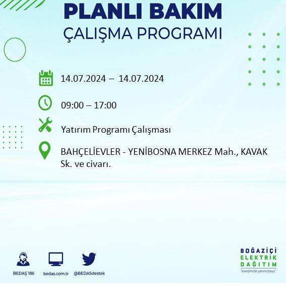 BEDAŞ paylaştı: İstanbul'da 14 Temmuz elektrik kesintisi yaşanacak ilçeler 3