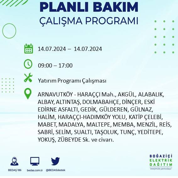 BEDAŞ paylaştı: İstanbul'da 14 Temmuz elektrik kesintisi yaşanacak ilçeler 1