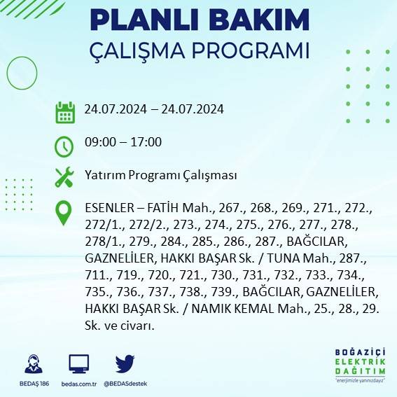 BEDAŞ paylaştı: İstanbul'da 24 Temmuz elektrik kesintisi yaşanacak ilçeler 17