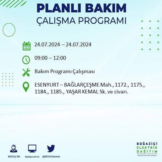 BEDAŞ paylaştı: İstanbul'da 24 Temmuz elektrik kesintisi yaşanacak ilçeler 19