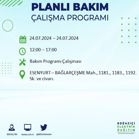 BEDAŞ paylaştı: İstanbul'da 24 Temmuz elektrik kesintisi yaşanacak ilçeler 20