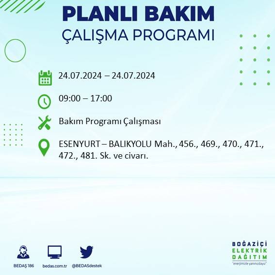 BEDAŞ paylaştı: İstanbul'da 24 Temmuz elektrik kesintisi yaşanacak ilçeler 18