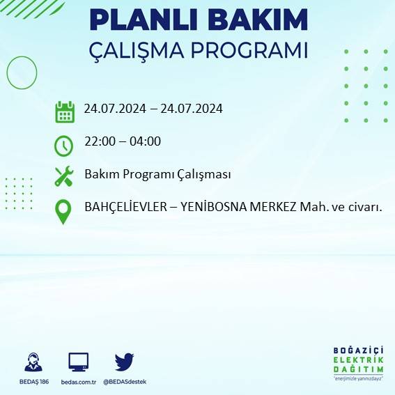 BEDAŞ paylaştı: İstanbul'da 24 Temmuz elektrik kesintisi yaşanacak ilçeler 7