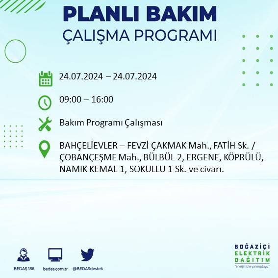 BEDAŞ paylaştı: İstanbul'da 24 Temmuz elektrik kesintisi yaşanacak ilçeler 5