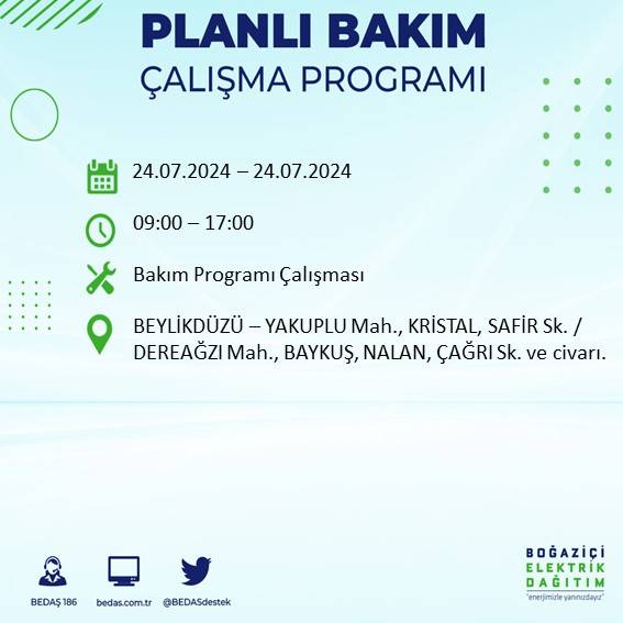 BEDAŞ paylaştı: İstanbul'da 24 Temmuz elektrik kesintisi yaşanacak ilçeler 12