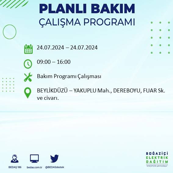 BEDAŞ paylaştı: İstanbul'da 24 Temmuz elektrik kesintisi yaşanacak ilçeler 11