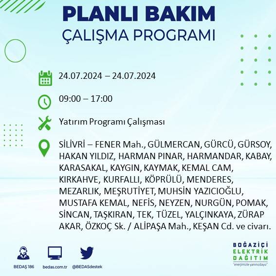 BEDAŞ paylaştı: İstanbul'da 24 Temmuz elektrik kesintisi yaşanacak ilçeler 35