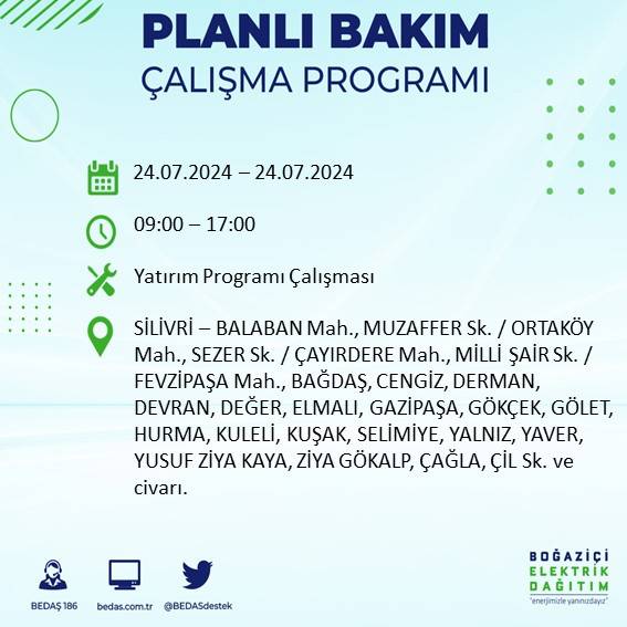 BEDAŞ paylaştı: İstanbul'da 24 Temmuz elektrik kesintisi yaşanacak ilçeler 32